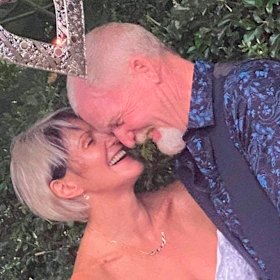 Lauren Kopua and Darran Dowling during their Zoom wedding ceremony.