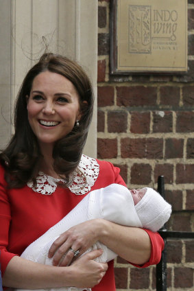  Kate, Duchess of Cambridge smiles as she holds Louis outside the Lindo wing at St Mary's Hospital on Monday.