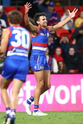 Jamarra Ugle-Hagan celebrates his third goal.