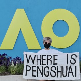 A Peng Shuai banner at Melbourne Park.