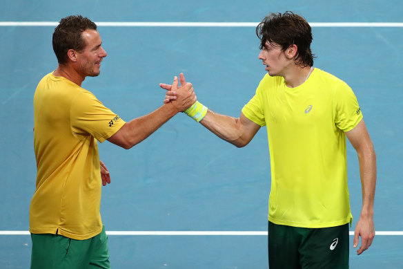 Lleyton Hewitt and de Minaur during the 2022 David Cup clash with Hungary. “I just loved Lleyton’s competitive spirit.”