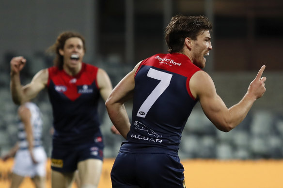 Melbourne’s Jack Viney celebrates a goal.