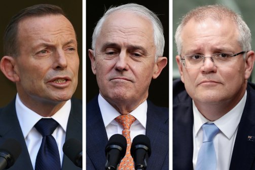Former prime ministers Tony Abbott, Malcolm Turnbull and Scott Morrison.