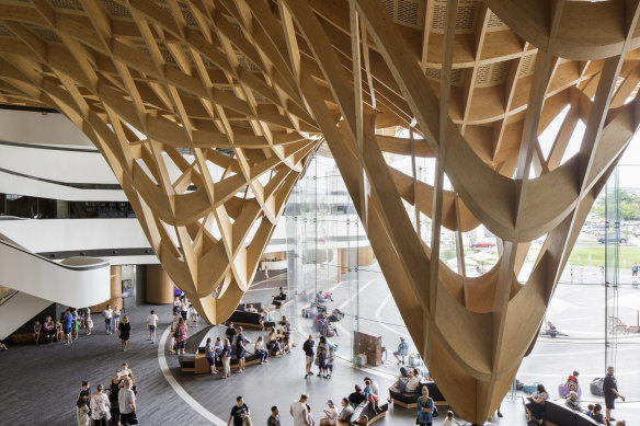 The dramatic atrium of Bunjil Place Library.