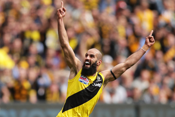 Bachar Houli celebrates a goal during the 2017 AFL grand final match; the first of Richmond's three premiership wins over four years.