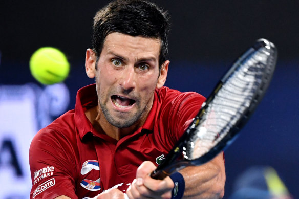 Novak Djokovic during his clash with Gael Monfils at Pat Rafter Arena in Brisbane on Monday.