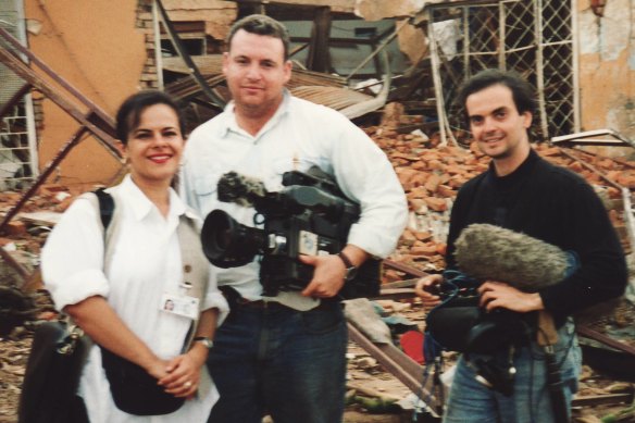 Helen Vatsikopoulos with her Dateline crew, cameraman Simon Toben and sound recordist Spiros Mavrangelos. 
