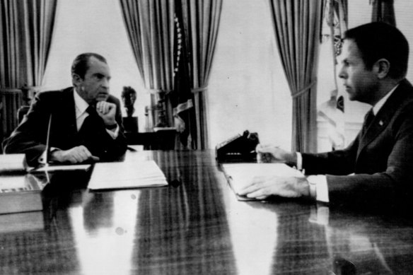 President Richard Nixon meets with former aide H.R. Haldeman during July 1973.
