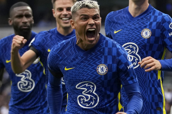 Thiago Silva after scoring for Chelsea.