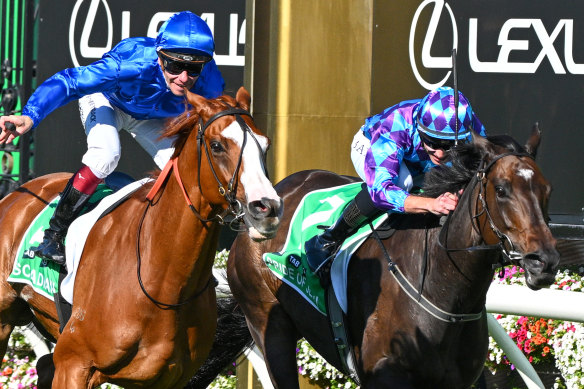 Cascadian charges over the top of Pride Of Jenni to win the Australian Cup last month.