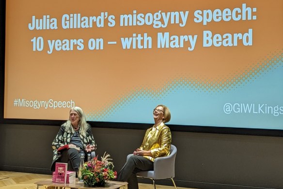 Julia Gillard, right, during a conversation with classicist Mary Beard at the Global Institute for Women’s Leadership at London’s King’s College.