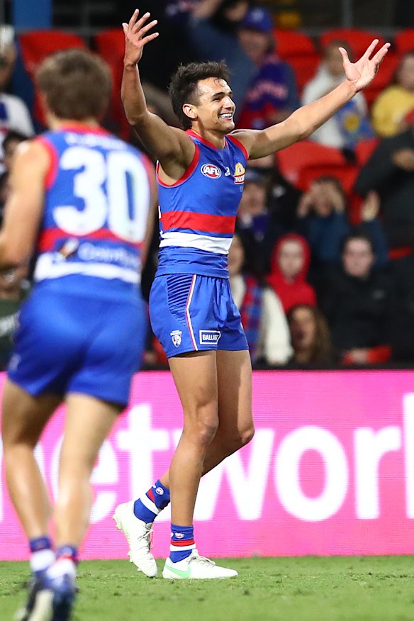 Jamarra Ugle-Hagan celebrates his third goal.
