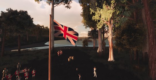 Marines stand below the Union Flag at Sydney Cove as portrayed in the Virtual Warrane for the Australia Day concert.