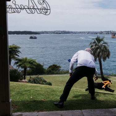 Morrison with his dog Buddy on the lawns of Kirribilli House. Morrison’s assessment of the national psyche is that “Australia is not a country where people want to spend every afternoon talking about politics”.