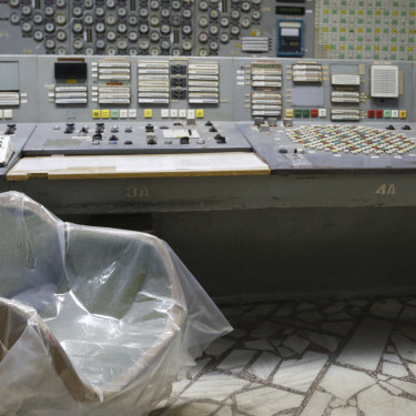 The empty control room of the shuttered Chernobyl nuclear power plant in Ukraine, now under control by Russian forces after a fierce battle in the radioactive exclusion zone.