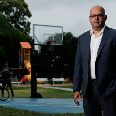 Canterbury-Bankstown mayor Khal Asfour at Northcote Park in Greenacre, where basketball hoops were removed during lockdown.