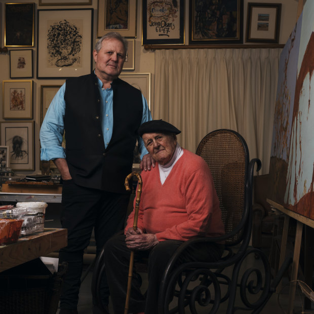 Sydney gallerist Tim Olsen and his father, artist John Olsen, at John’s home and studio in the NSW Southern Highlands in 2020.