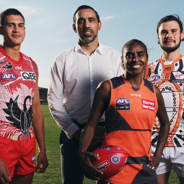 Over to you: Adam Goodes has passed the reins of the talent program that bears his name onto the next generation of Indigenous players - Sydney rookie James Bell, Giants AFLW player Delma Gisu and GWS Giants backman Zac Williams.