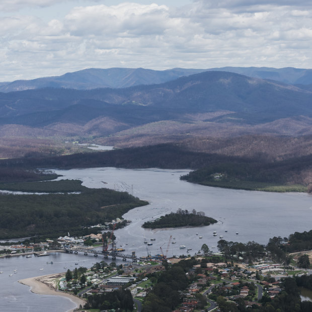 An aerial photo of bushfire affected areas on the outskirts of Batemans Bay taken from an MRH90 Taipan helicopter.