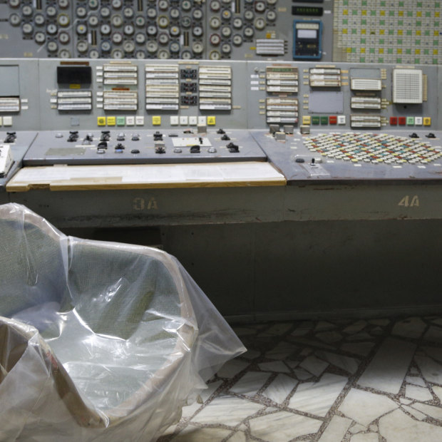 The empty control room of the shuttered Chernobyl nuclear power plant in Ukraine, now under control by Russian forces after a fierce battle in the radioactive exclusion zone.