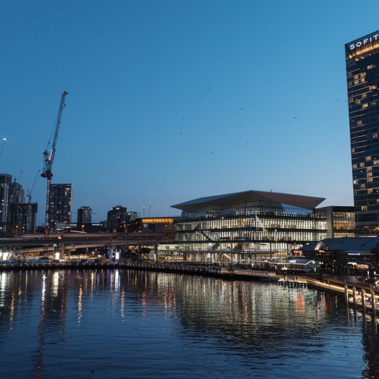 Darling Harbour from the new apartments under construction at Darling Square to the International Convention Centre, Sofitel hotel and Harbourside shopping centre. 