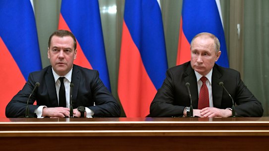 Russian Prime Minister Dmitry Medvedev and President Vladimir Putin.