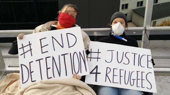 Refugee activists on the roof of the Mantra hotel in Preston on Tuesday.