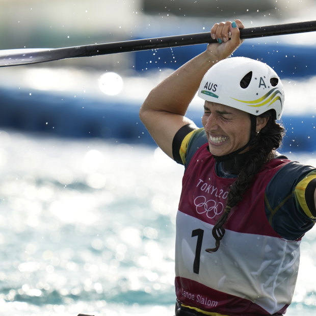 Jess Fox after crossing the finish line to win gold in Tokyo.
