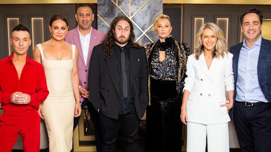 The contestants on The Celebrity Apprentice Australia, hosted by Lord Alan Sugar, include: singer Anthony Callea; personal trainer Michelle Bridges; comedian Rob Shehadie; comedian Ross Noble; fashion designer Camilla Franks; radio host Michael ‘Wippa’ Wipfli (with adviser Lorna Jane Clarkson, founder of Lorna Jane activewear, second from right)