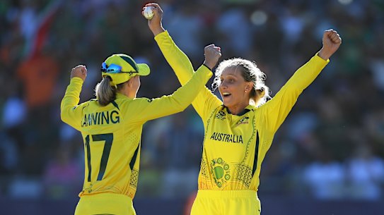 Meg Lanning and Ashleigh Gardner celebrate winning the ICC Women’s T20 World Cup.