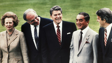 Britain's Prime Minister Margaret Thatcher, West Germany's Chancellor Helmut Kohl, US President Ronald Reagan, Japanese Prime Minister Yasuhiro Nakasone and Canadian Prime Minister Brian Mulroney during the 1985 World Economic Summit at the Palais Schaumburg in Bonn. 
