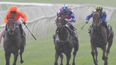 Right as rain: Hugh Bowman rides Fell Swoop (centre) to victory in the Razor Sharp Handicap on Saturday. 