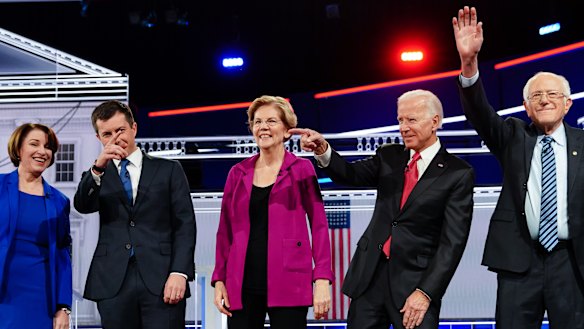 Democratic presidential hopefuls from left: Amy Klobuchar, Pete Buttigieg, Elizabeth Warren, Joe Biden and Bernie Sanders in Atlanta, Georgia, last month.