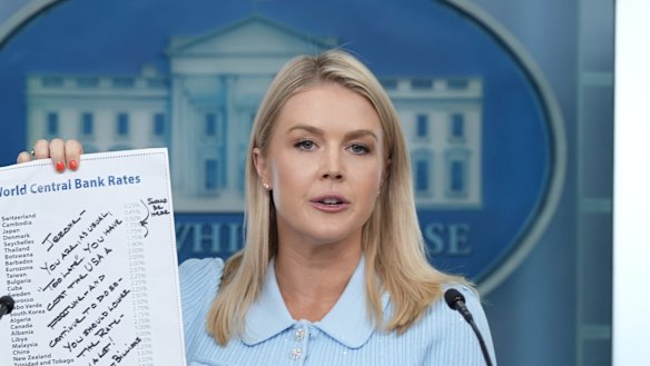 White House press secretary Karoline Leavitt holds up the note from Donald Trump to Jerome Powell.