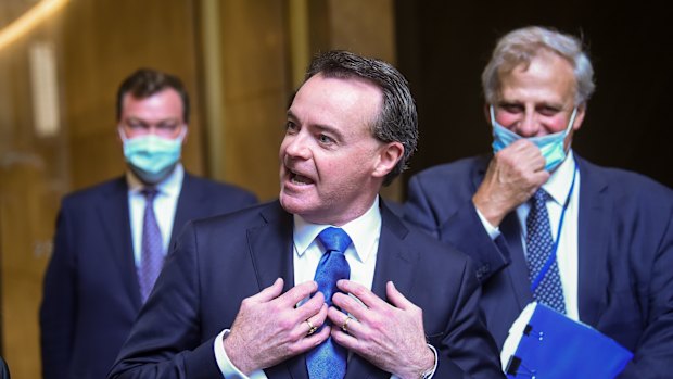 Michael O’Brien after the leadership spill with two of his closest allies, Ed O’Donohue (left) and Kim Wells.