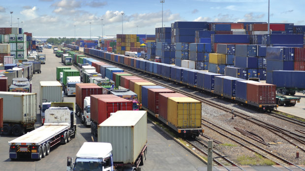 An artist’s render of the proposed Beveridge Intermodal Freight Terminal, where containers travelling south on the Inland Rail would be loaded onto trucks.