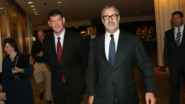 James Packer with former Crown executive chairman Rob Rankin arriving for the casino operator's annual general meeting in 2015. 