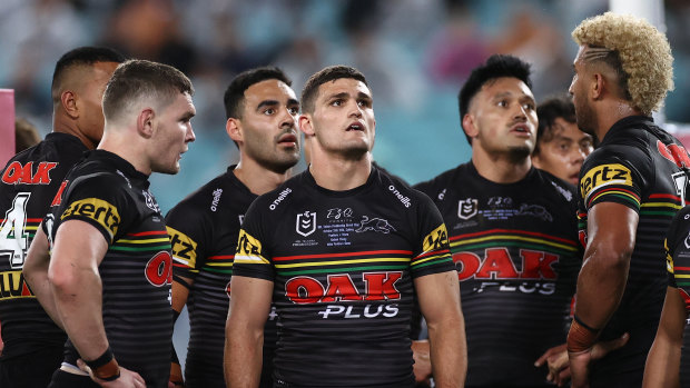 Nathan Cleary looks on after a Storm try on Sunday night.