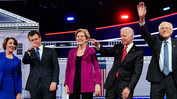 Democratic presidential hopefuls from left: Amy Klobuchar, Pete Buttigieg, Elizabeth Warren, Joe Biden and Bernie Sanders in Atlanta, Georgia, last month.