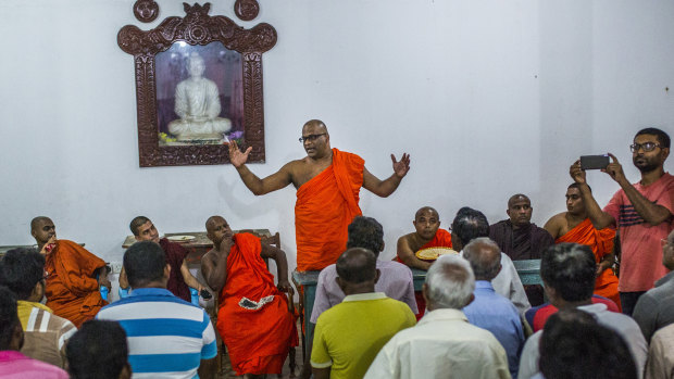 Buddhist monk Galagoda Aththe Gnanasara Thero at a temple in Gintota, Sri Lanka.