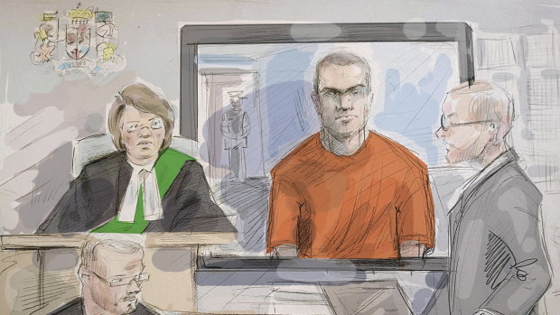 In a courtroom sketch from a 2018 hearing Alek Minassian is in orange. 
