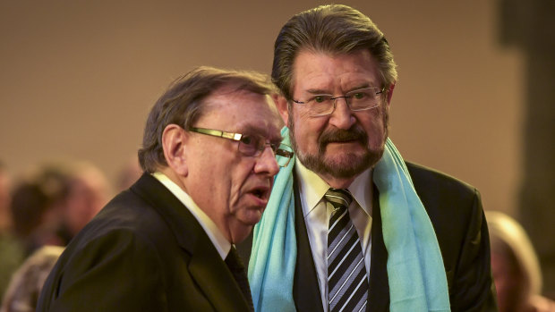 Harold Mitchell and Derryn Hinch at the state funeral for Sisto Malaspina.