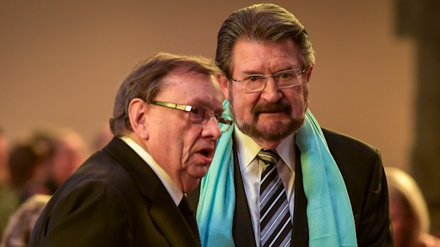 Harold Mitchell and Derryn Hinch at the state funeral for Sisto Malaspina.