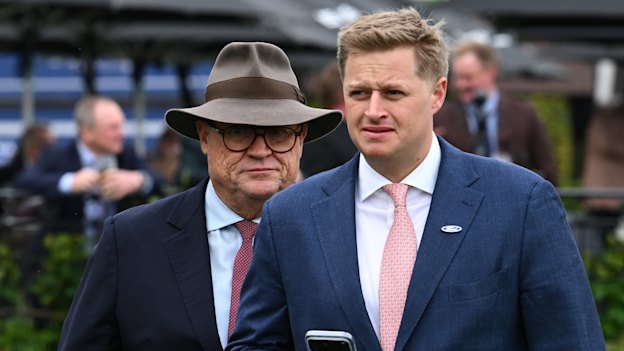 Co-trainers Calvin McEvoy and his father Tony at Flemington on Turnbull Stakes day as Half Yours had his final run before the Caulfield Cup.