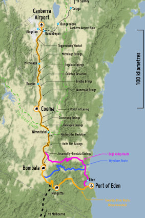 A map of the proposed Eden to Canberra railway line.