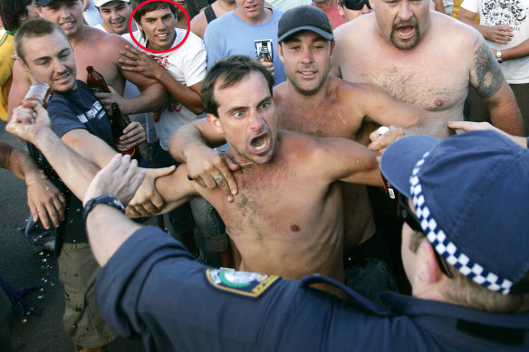 Eastern suburbs realtor Maclay Longhurst (circled) at the Cronulla riots