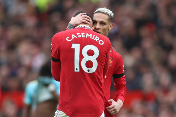 Casemiro is consoled by United teammate Antony after getting his marching order.