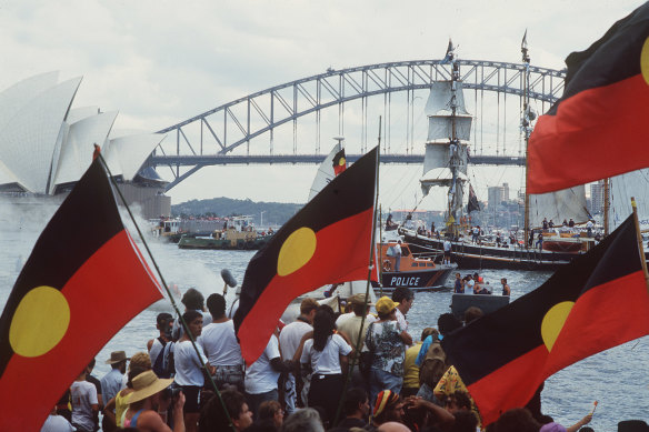 Celebrations and protest on Sydney Harbour on January 26, 1988.