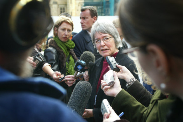 Dorothy McRae-McMahon speaking to the media during the National Assembly of the Uniting Church of Australia’s sexuality debate at the University of Melbourne in 2003.