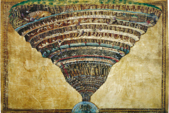 Botticelli painted this parchment map of the nine circles of Hell having read Dante’s Divine Comedy in the 1480s.  